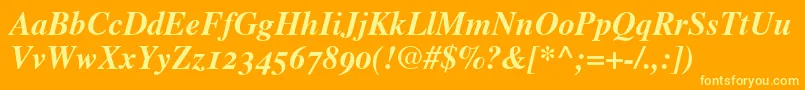 TimesBoldItalicOldStyleFigures-fontti – keltaiset fontit oranssilla taustalla