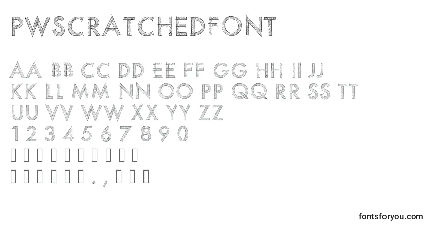 Schriftart Pwscratchedfont – Alphabet, Zahlen, spezielle Symbole