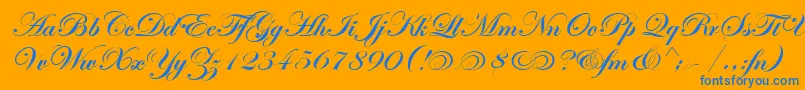 EdwardianScrAltItcTtBold-Schriftart – Blaue Schriften auf orangefarbenem Hintergrund