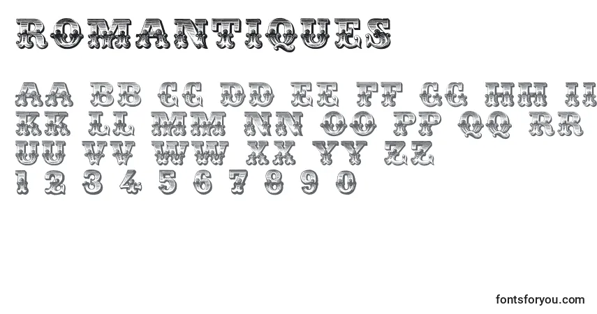 A fonte Romantiques (27854) – alfabeto, números, caracteres especiais