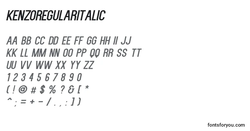 A fonte KenzoRegularItalic – alfabeto, números, caracteres especiais