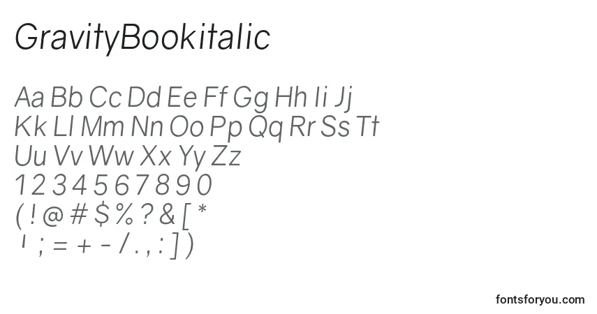 A fonte GravityBookitalic – alfabeto, números, caracteres especiais