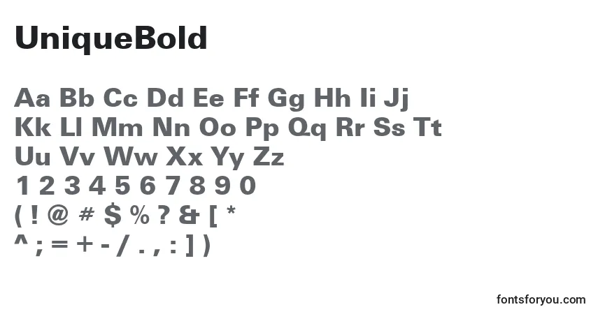 Czcionka UniqueBold – alfabet, cyfry, specjalne znaki