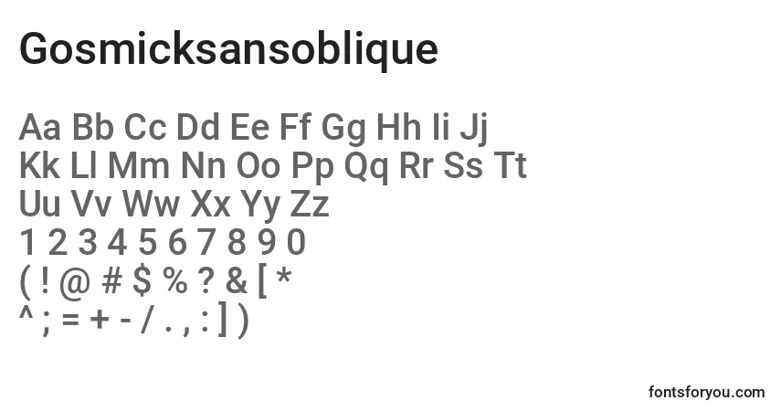 A fonte Gosmicksansoblique – alfabeto, números, caracteres especiais
