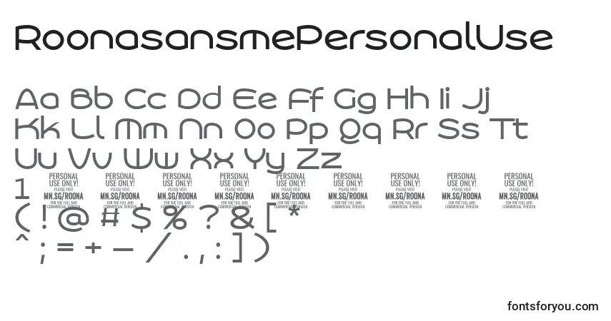 Schriftart RoonasansmePersonalUse – Alphabet, Zahlen, spezielle Symbole