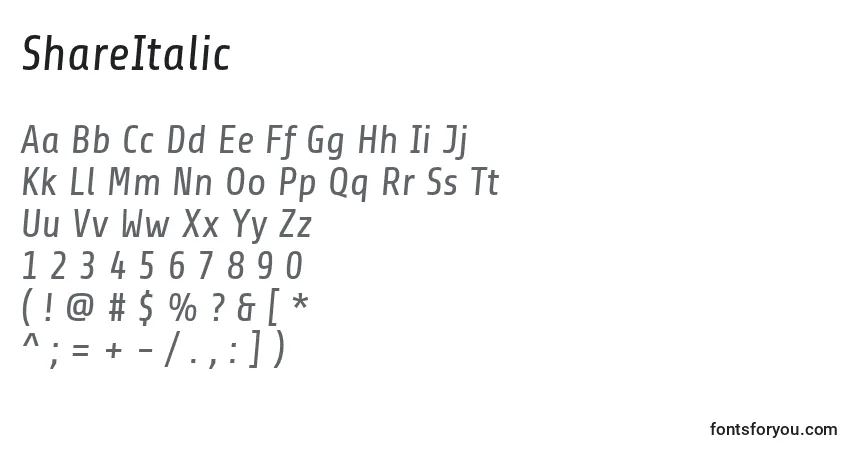 Шрифт ShareItalic – алфавит, цифры, специальные символы