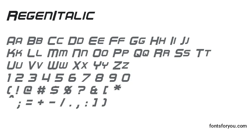 Schriftart RegenItalic – Alphabet, Zahlen, spezielle Symbole