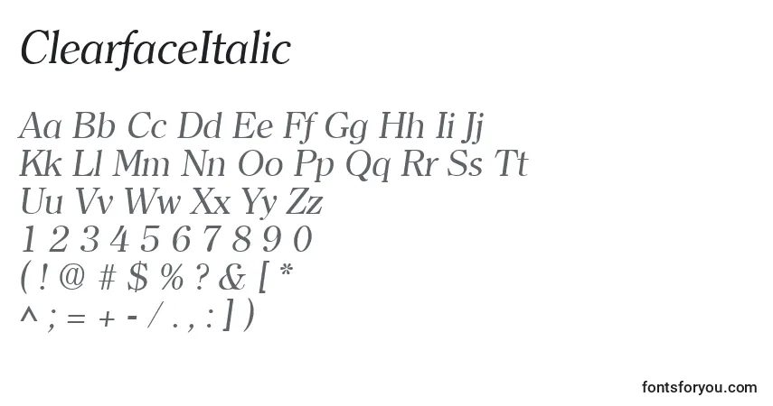 Czcionka ClearfaceItalic – alfabet, cyfry, specjalne znaki