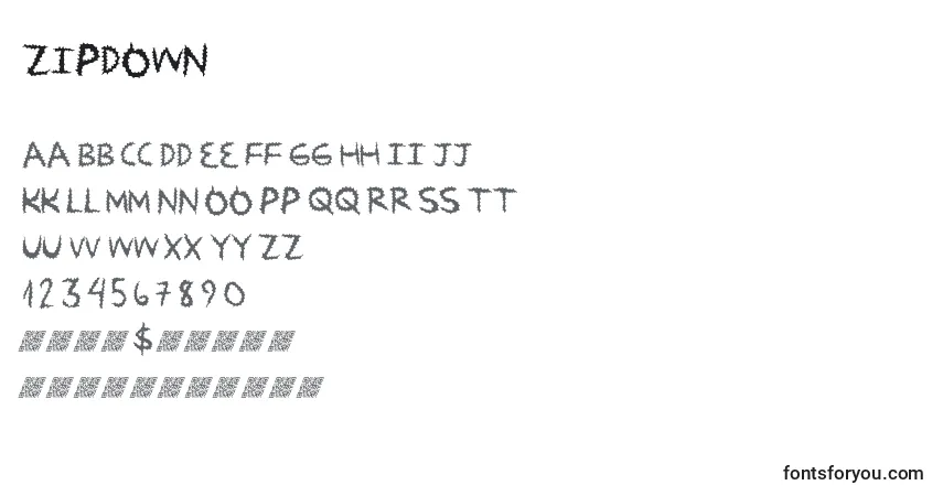 Czcionka Zipdown – alfabet, cyfry, specjalne znaki