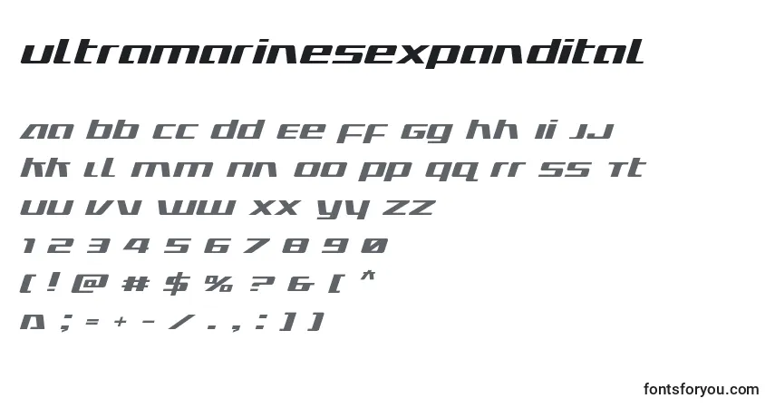 Schriftart Ultramarinesexpandital – Alphabet, Zahlen, spezielle Symbole