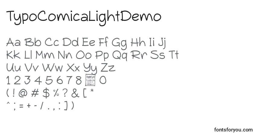 Czcionka TypoComicaLightDemo – alfabet, cyfry, specjalne znaki