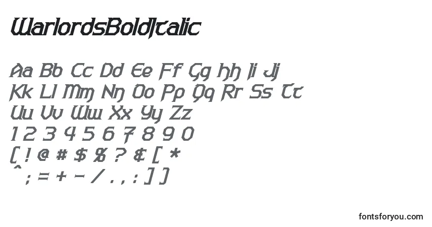 Шрифт WarlordsBoldItalic – алфавит, цифры, специальные символы