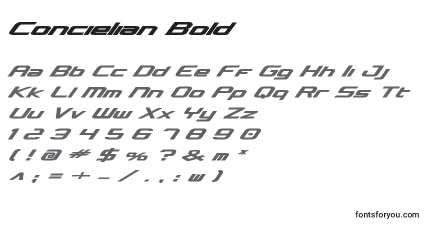Schriftart Concielian Bold – Alphabet, Zahlen, spezielle Symbole
