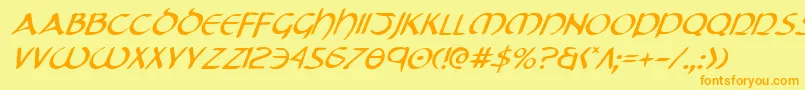 フォントTristrami – オレンジの文字が黄色の背景にあります。