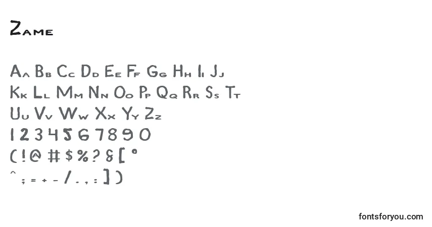 Шрифт Zame – алфавит, цифры, специальные символы