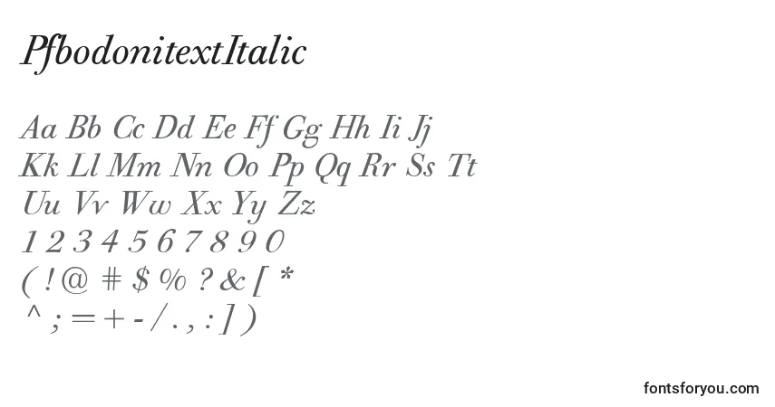 Czcionka PfbodonitextItalic – alfabet, cyfry, specjalne znaki