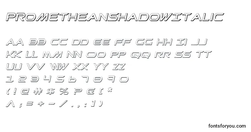 A fonte PrometheanShadowItalic – alfabeto, números, caracteres especiais