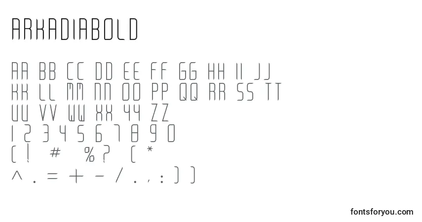 Czcionka ArkadiaBold – alfabet, cyfry, specjalne znaki