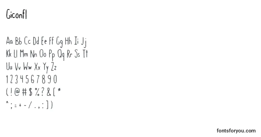 Czcionka Giconfl – alfabet, cyfry, specjalne znaki