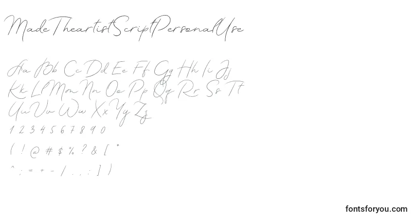 Schriftart MadeTheartistScriptPersonalUse – Alphabet, Zahlen, spezielle Symbole