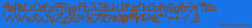フォントKonfuciuzFat – 茶色の文字が青い背景にあります。