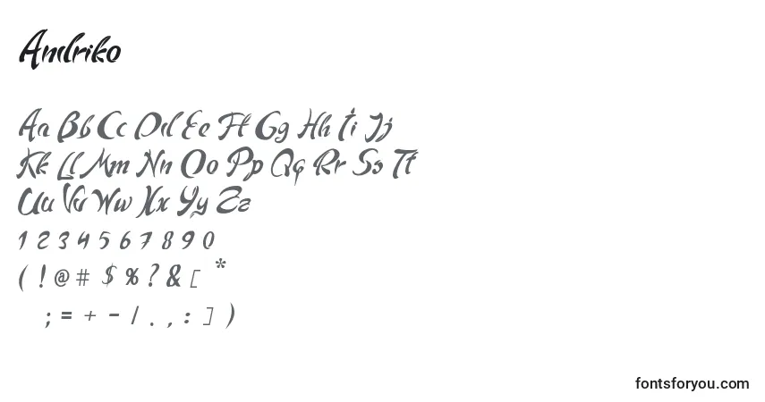 Шрифт Andriko – алфавит, цифры, специальные символы
