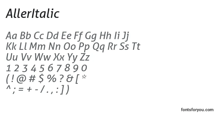 Шрифт AllerItalic – алфавит, цифры, специальные символы