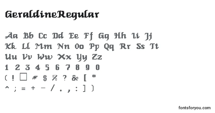 Czcionka GeraldineRegular – alfabet, cyfry, specjalne znaki