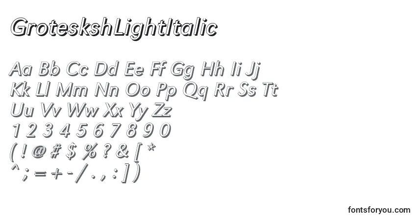 Czcionka GroteskshLightItalic – alfabet, cyfry, specjalne znaki