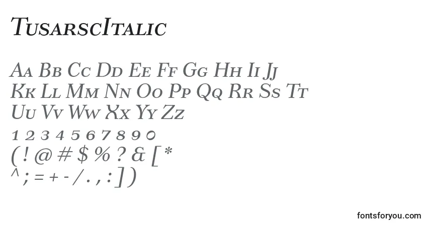 Czcionka TusarscItalic – alfabet, cyfry, specjalne znaki