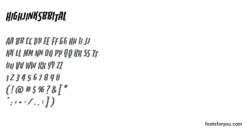 Шрифт HighjinksbbItal – алфавит, цифры, специальные символы