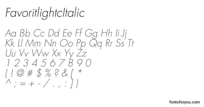 A fonte FavoritlightcItalic – alfabeto, números, caracteres especiais