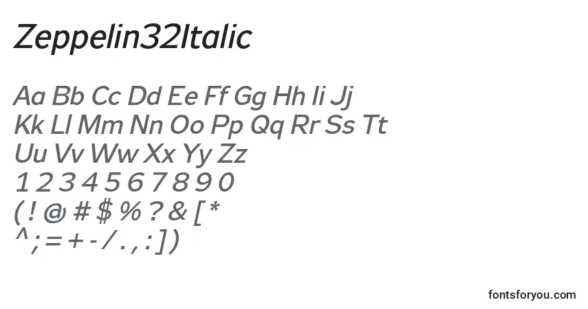 Czcionka Zeppelin32Italic – alfabet, cyfry, specjalne znaki