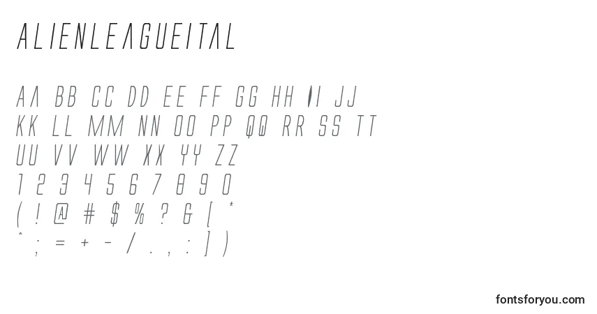 Шрифт Alienleagueital – алфавит, цифры, специальные символы