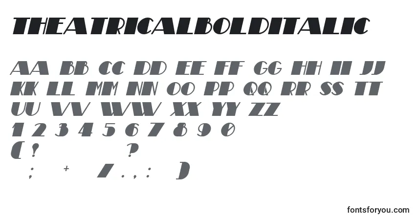 Schriftart TheatricalBoldItalic – Alphabet, Zahlen, spezielle Symbole