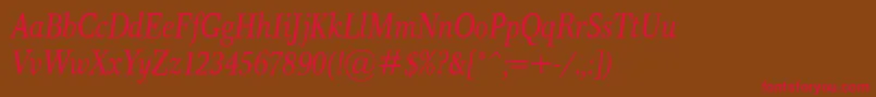 フォントResPublicaCondItalic – 赤い文字が茶色の背景にあります。