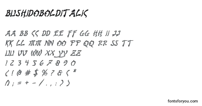 A fonte BushidoBoldItalic – alfabeto, números, caracteres especiais
