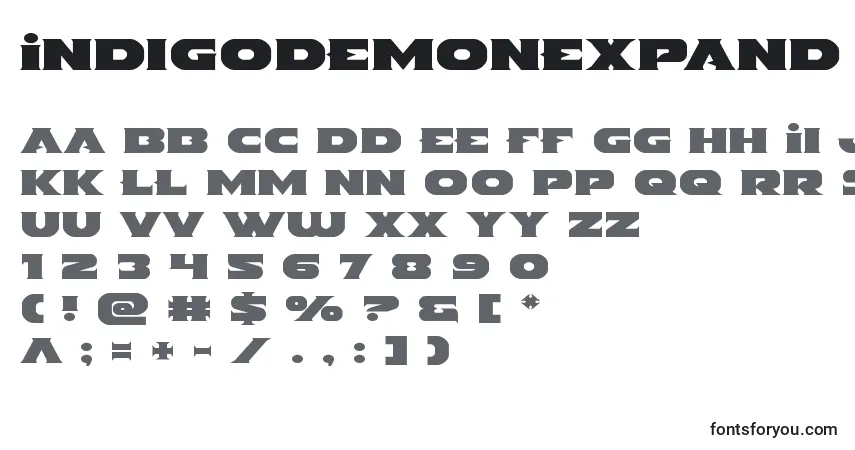 Schriftart Indigodemonexpand – Alphabet, Zahlen, spezielle Symbole
