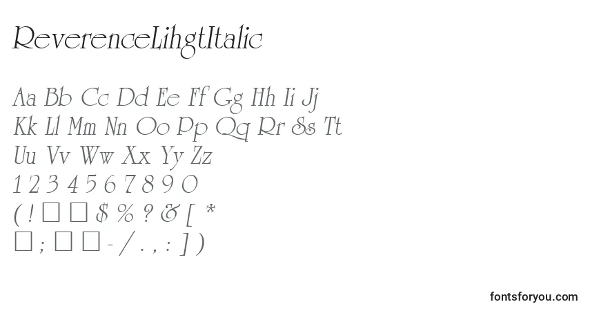 Schriftart ReverenceLihgtItalic – Alphabet, Zahlen, spezielle Symbole