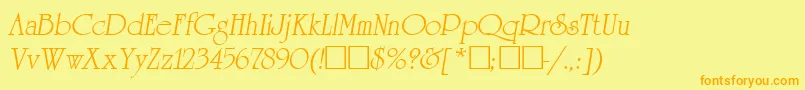 ReverenceLihgtItalic-Schriftart – Orangefarbene Schriften auf gelbem Hintergrund