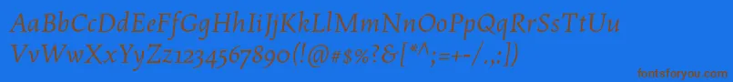 フォントMaiolaproItalic – 茶色の文字が青い背景にあります。