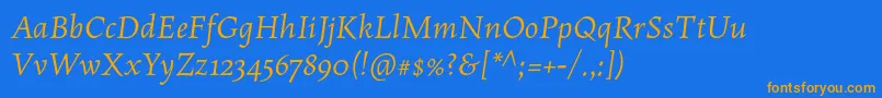 MaiolaproItalic-Schriftart – Orangefarbene Schriften auf blauem Hintergrund