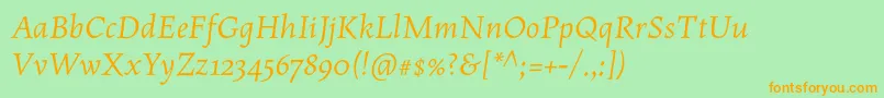 フォントMaiolaproItalic – オレンジの文字が緑の背景にあります。