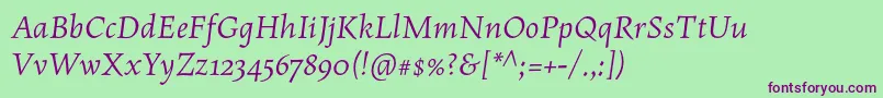 MaiolaproItalic-Schriftart – Violette Schriften auf grünem Hintergrund