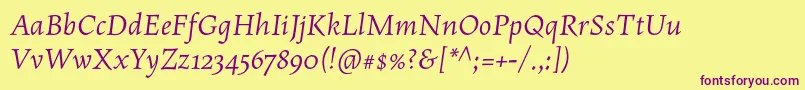 Czcionka MaiolaproItalic – fioletowe czcionki na żółtym tle