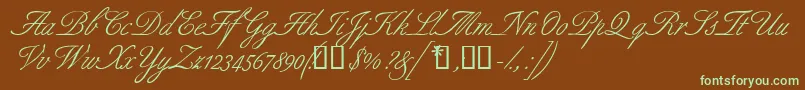 フォントAldridgescriptssk – 緑色の文字が茶色の背景にあります。