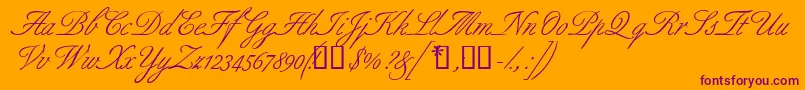 Aldridgescriptssk-fontti – violetit fontit oranssilla taustalla