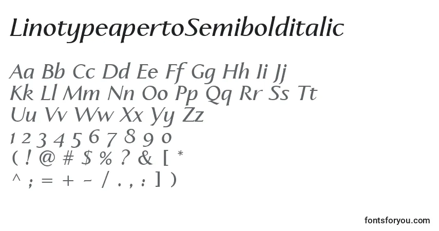 A fonte LinotypeapertoSemibolditalic – alfabeto, números, caracteres especiais