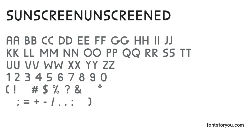 Schriftart SunscreenUnscreened – Alphabet, Zahlen, spezielle Symbole