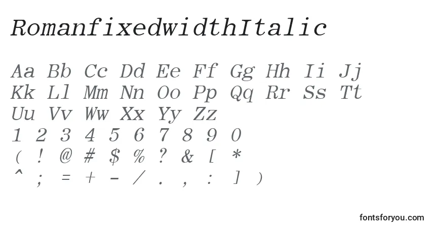 Schriftart RomanfixedwidthItalic – Alphabet, Zahlen, spezielle Symbole